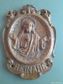 Antiguidades: Detente, placa sagrado corazón de hierro, reinare 27x19cm aprox